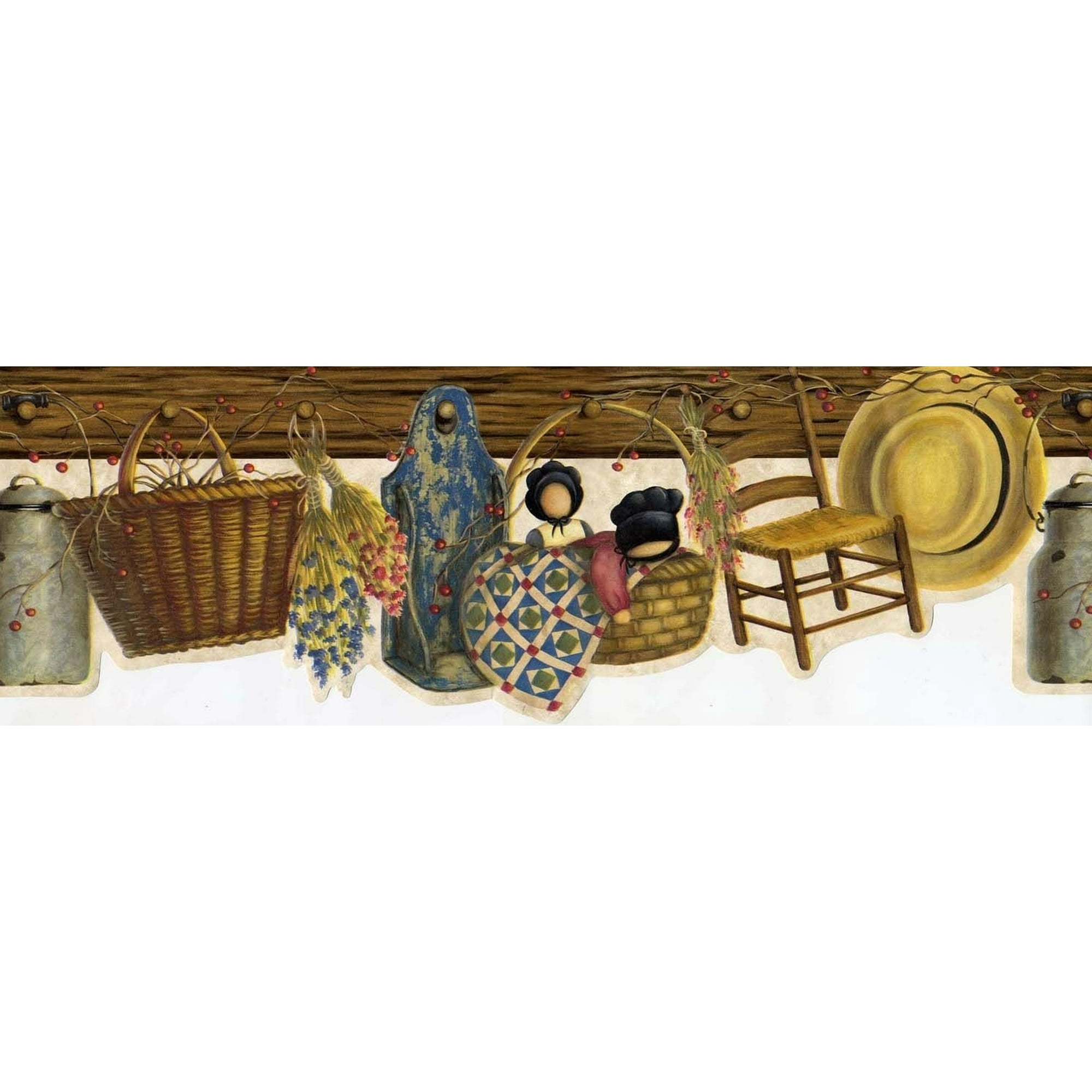 Dolls Blue Basket Chair on Pegboard Scalloped Wall Border Retro Design Country Brown 4.57m x 16.51cm Hat Green 15 ft x 6.5 in Dundee Deco BD6244 Prepasted Wallpaper Border